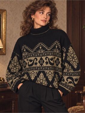 Vintage ROSE Black Gold Metallic Lurex Turtleneck Sweater Made in USA
